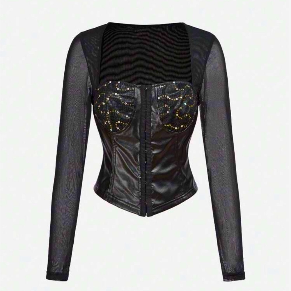 Faux Leather Sequin Corset Long Sleeve Top NEW 🏷️